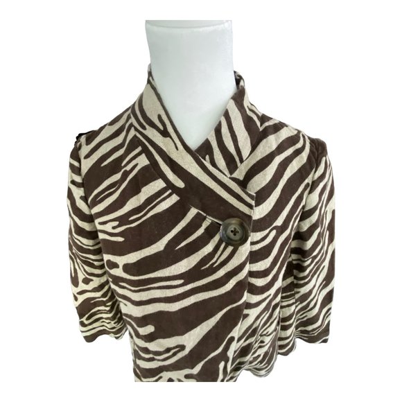 Michael Kors Brown & Tan Animal Zebra Print Swing Linen Cropped Jacket Size 4 - Picture 2 of 9